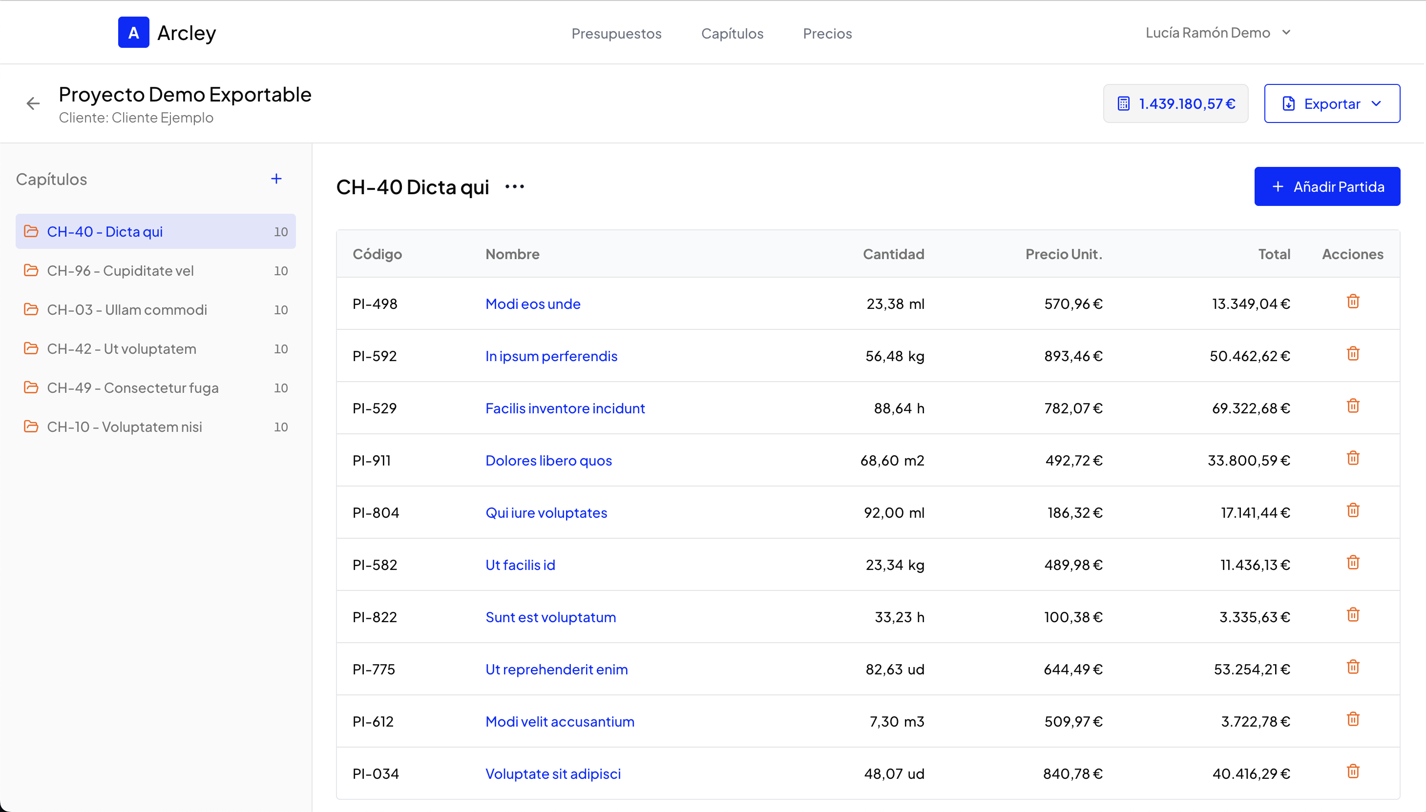 Constructor de presupuestos de Arcley - Interface intuitiva para crear presupuestos profesionales